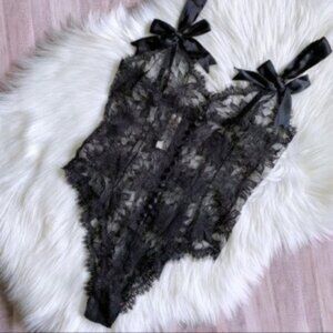 Vintage Bodysuit 80s 90s Victoria's Secret Black Lace & Satin Sexy Lingerie S/M